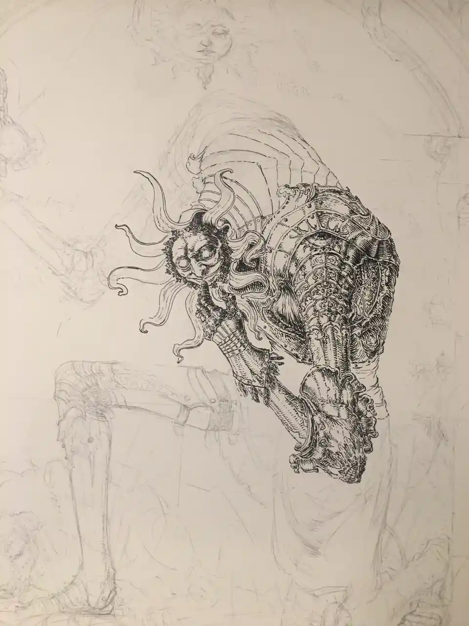 A detailed pencil sketch of a monstrous, armored figure with a sun-like face and flowing hair, sitting on a throne. The…