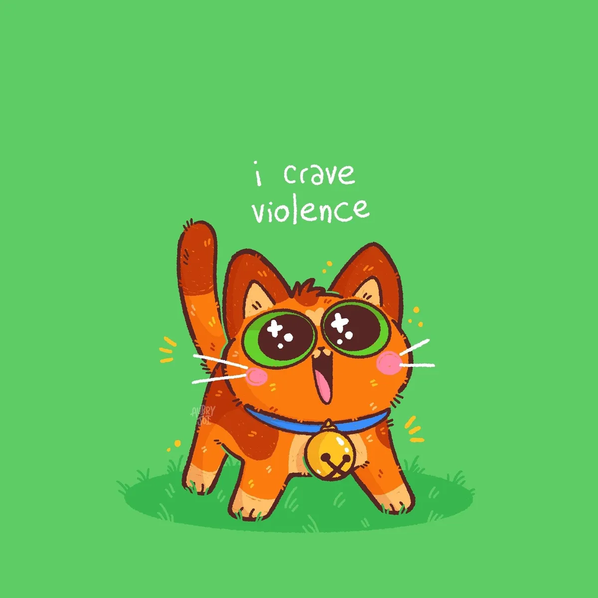 A cartoon orange cat with large green-rimmed glasses, a blue collar with a bell, and a raised tail stands on a small patch…