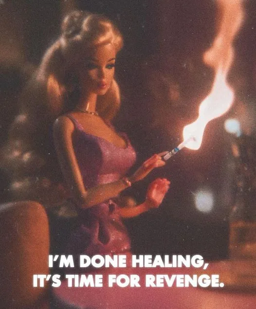 A blonde doll resembling Barbie in a purple dress holds a lit cigarette, with flames visible. White text overlaid at the…