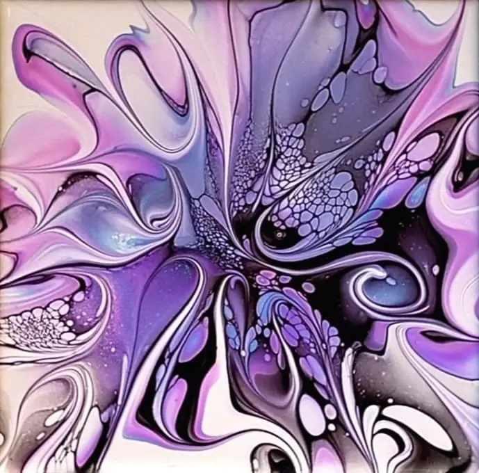 a vibrant abstract painting featuring swirling patterns of purple, lavender, and white with black accents, resembling fluid…