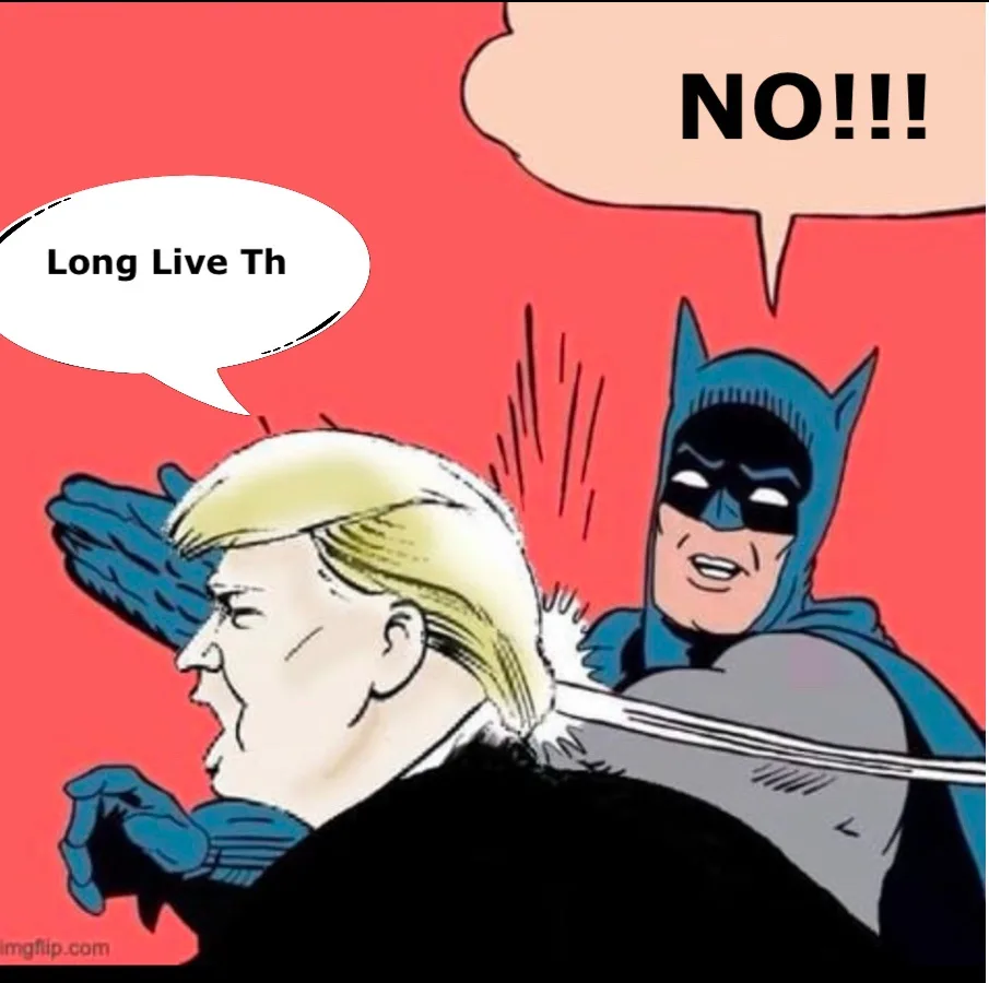 Batman is shown from behind, grabbing Donald Trump by the back of his head with a gloved hand, while Trump is facing left…