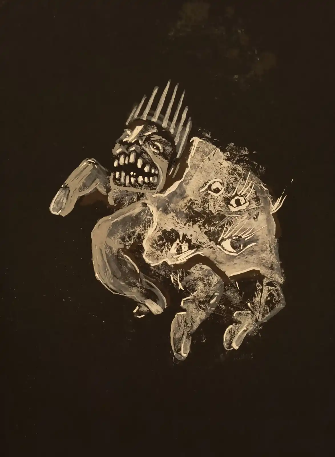 A sepia-toned, stylized illustration depicts a monstrous, skeletal figure with a spiked crown riding a grotesque, multi-eyed…