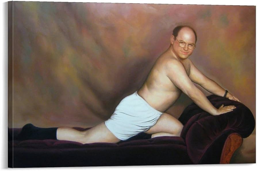 A painted portrait of a balding man with glasses, wearing only white underwear and black socks, posing shirtless on a dark…