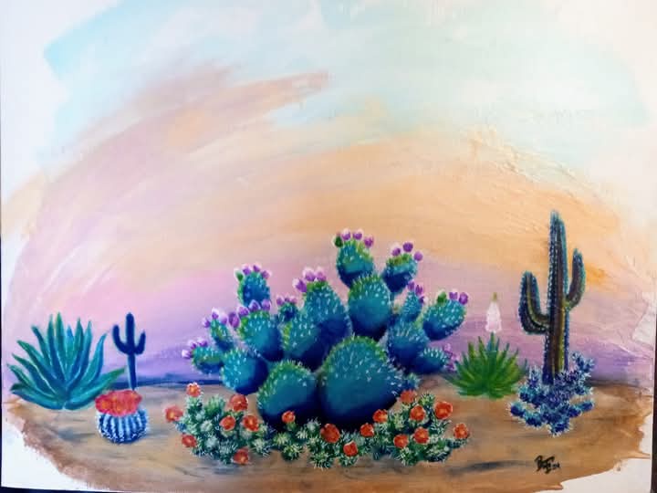 a colorful painting depicts a desert landscape with various cacti and succulents, including a large prickly pear cactus with…