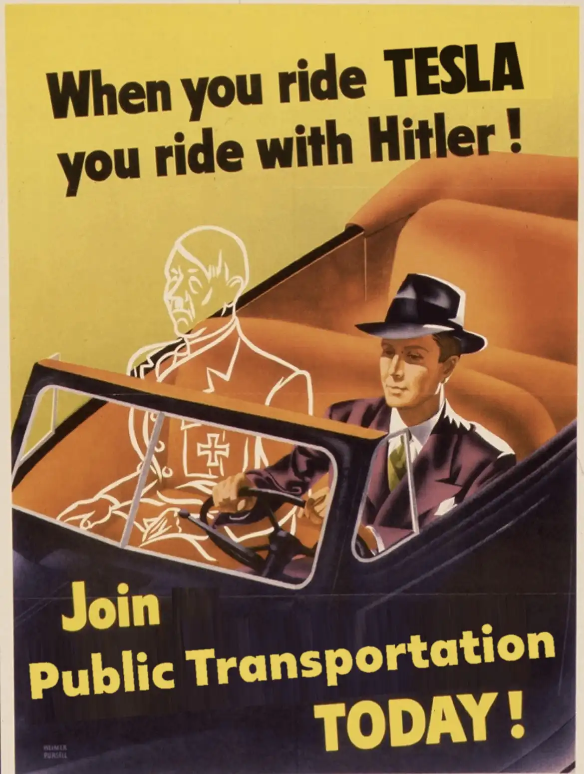 A vintage public transportation poster shows a man in a suit and hat driving a car, with a ghostly outline of Adolf Hitler…