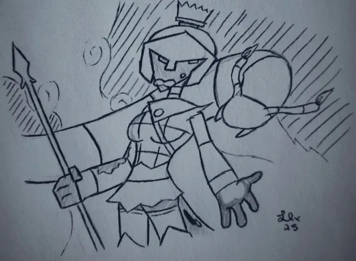 A hand-drawn sketch depicts a stylized armored knight with a crown, holding a spear, and looking sternly forward. Behind…