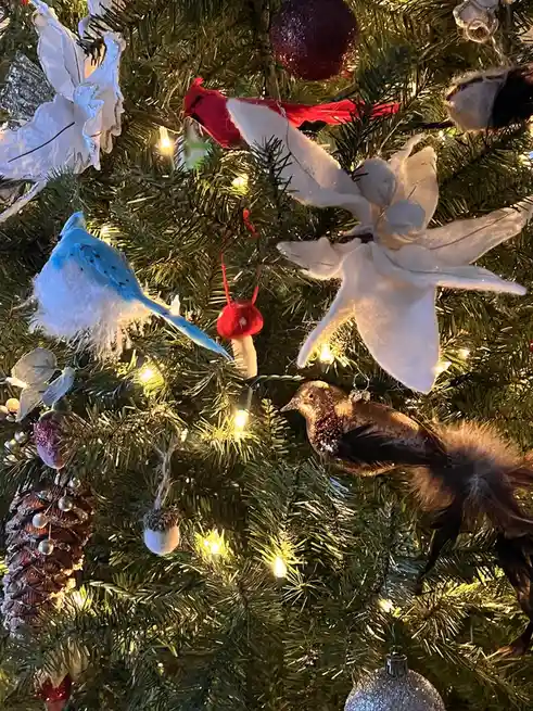 A close-up of a decorated Christmas tree with various ornaments including white felt flowers, red and blue bird-shaped…