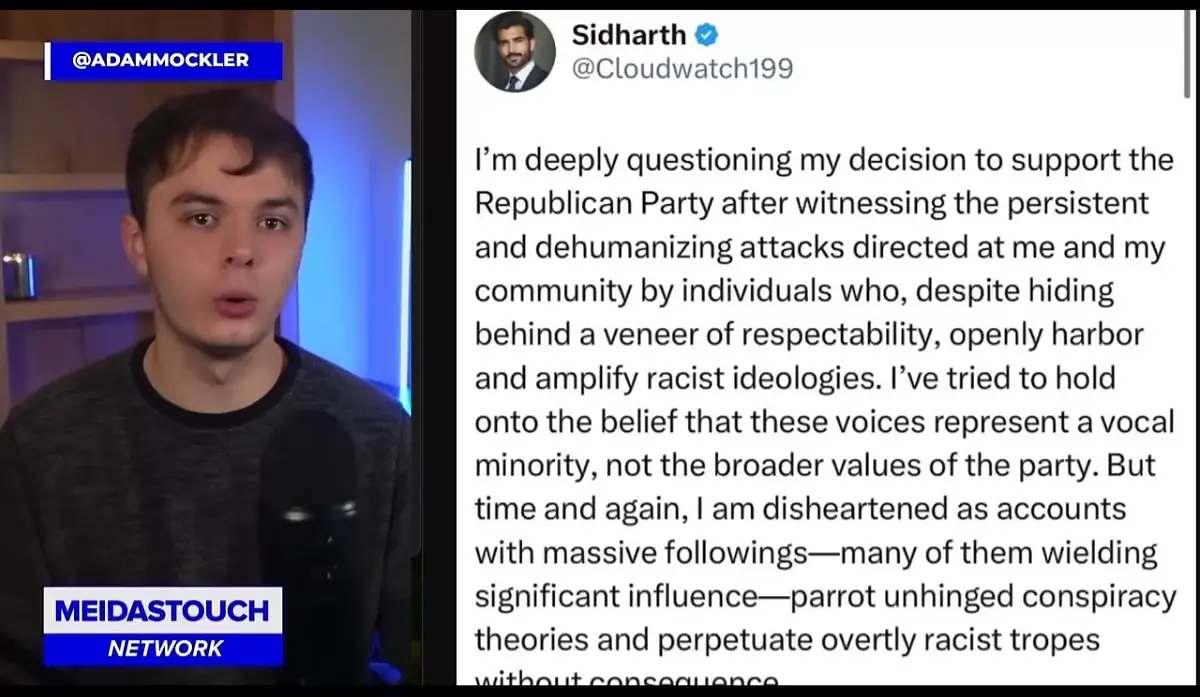 A split-screen image shows a young man with a surprised expression speaking into a microphone, next to a screenshot of a…