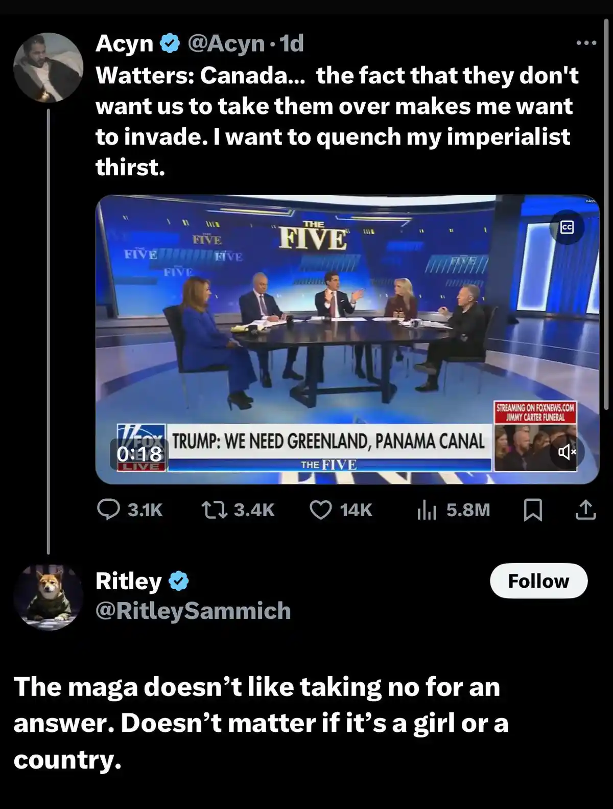 A screenshot of a Fox News 'The Five' panel discussion, where a host is visibly gesturing while speaking. The on-screen…