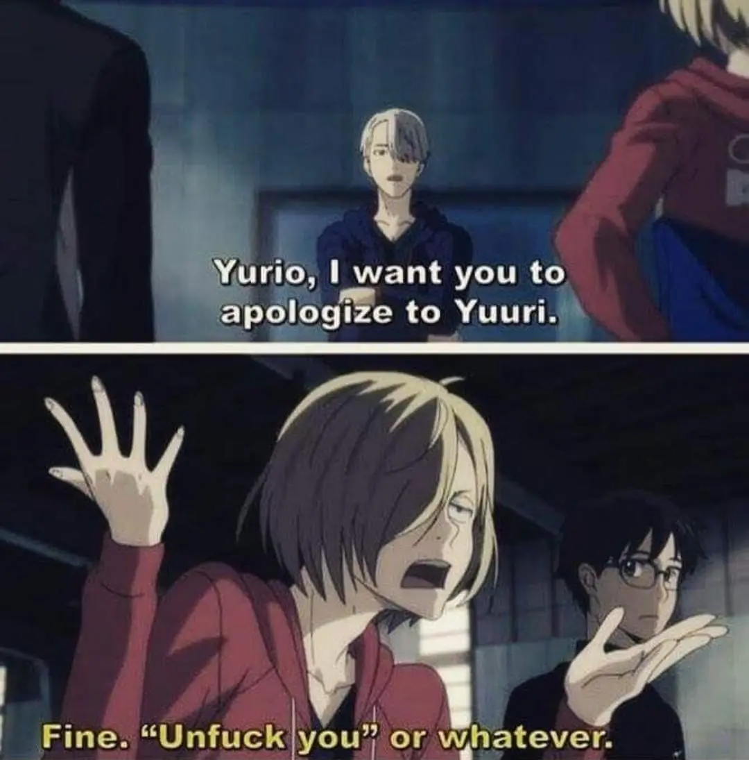The top panel shows a character in a dark hoodie telling Yurio to apologize to Yuuri. The bottom panel shows Yurio, in a red…