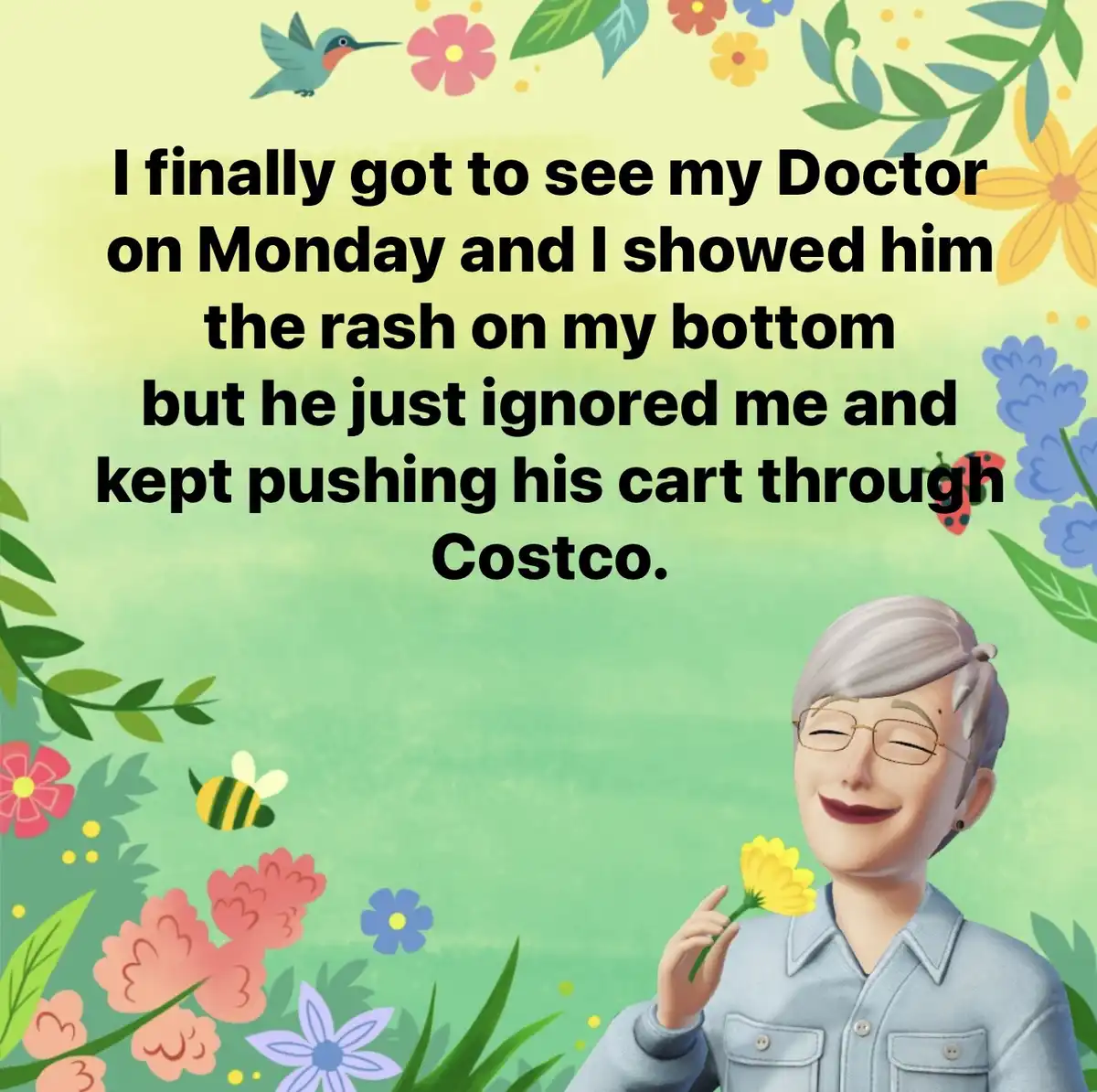 A cheerful cartoon illustration of an elderly woman with glasses, smiling while holding a yellow flower, set against a green…