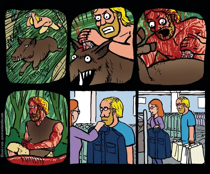A six-panel comic strip shows a man being attacked by a wild boar in the jungle, then later in a store, he's seen shopping…
