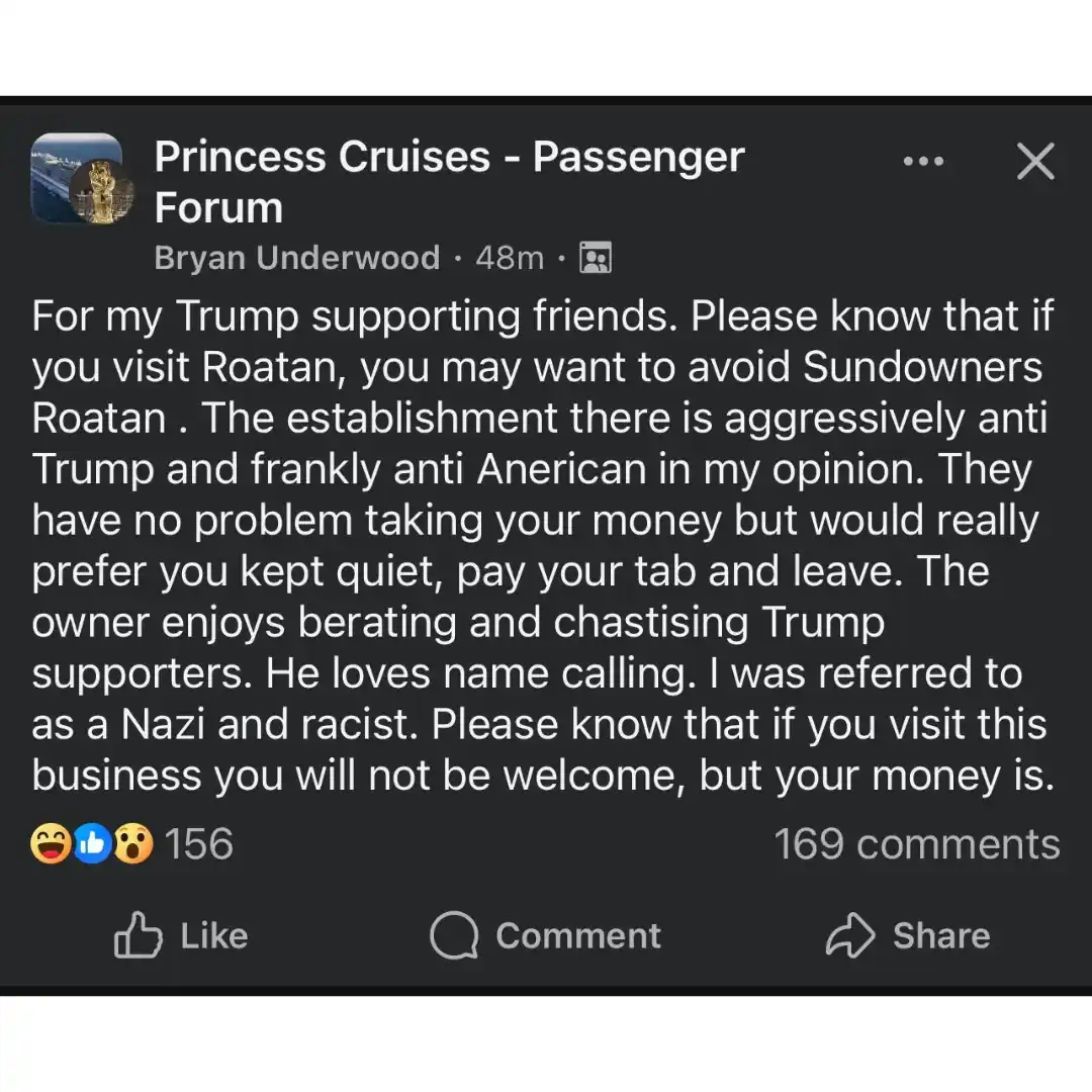 A screenshot of a Facebook post from the 'Princess Cruises - Passenger Forum' by Bryan Underwood, warning Trump supporters…