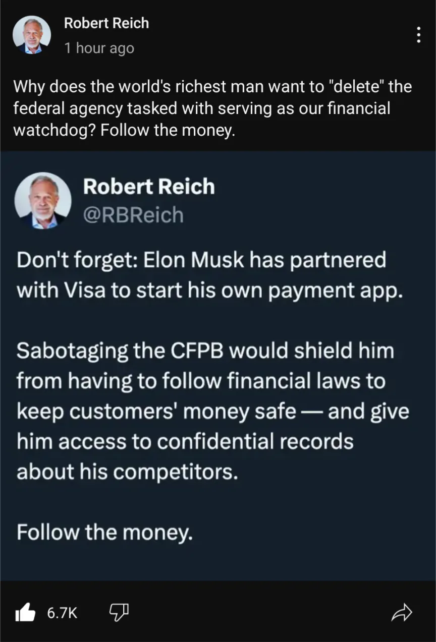 A screenshot of a tweet by Robert Reich showing his profile picture and text discussing Elon Musk's partnership with Visa…