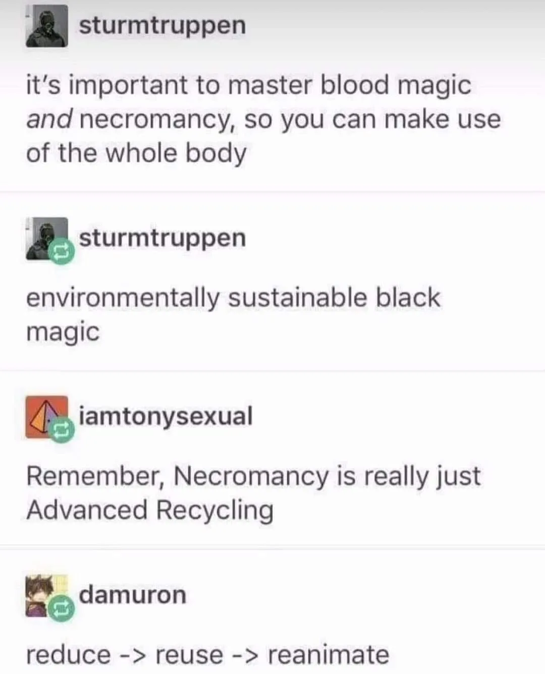 A screenshot of a Discord chat where user 'sturmtruppen' discusses blood magic and necromancy for body usage, then…