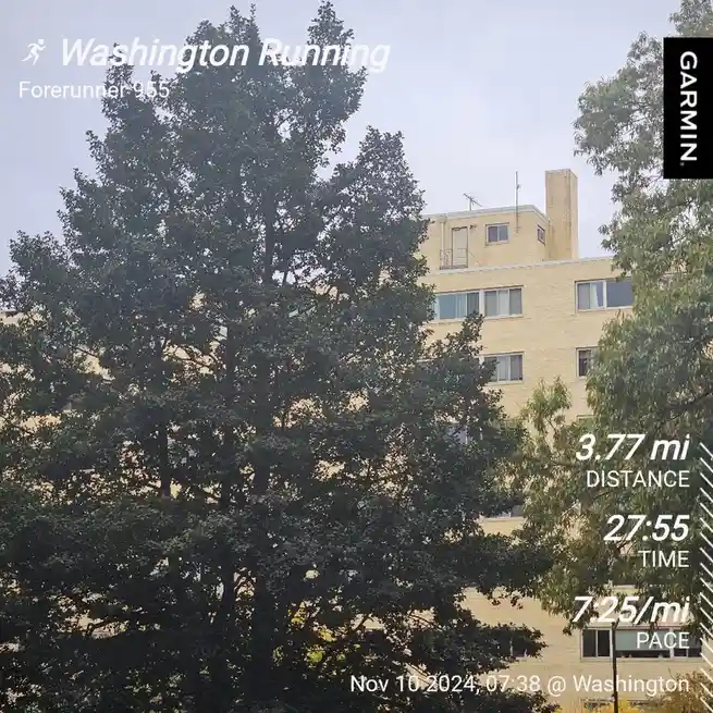 A screenshot of a Garmin Forerunner 955 running GPS watch displaying a workout summary over a photo of trees and a brick…