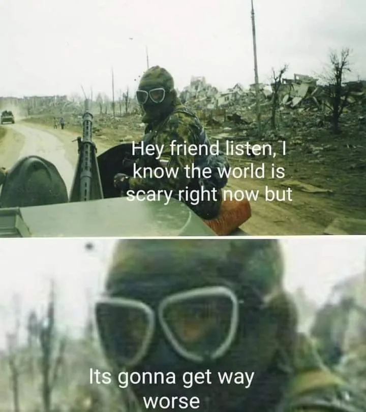 The image is a two-panel meme featuring a soldier in camouflage and goggles, holding a machine gun, set against a backdrop…