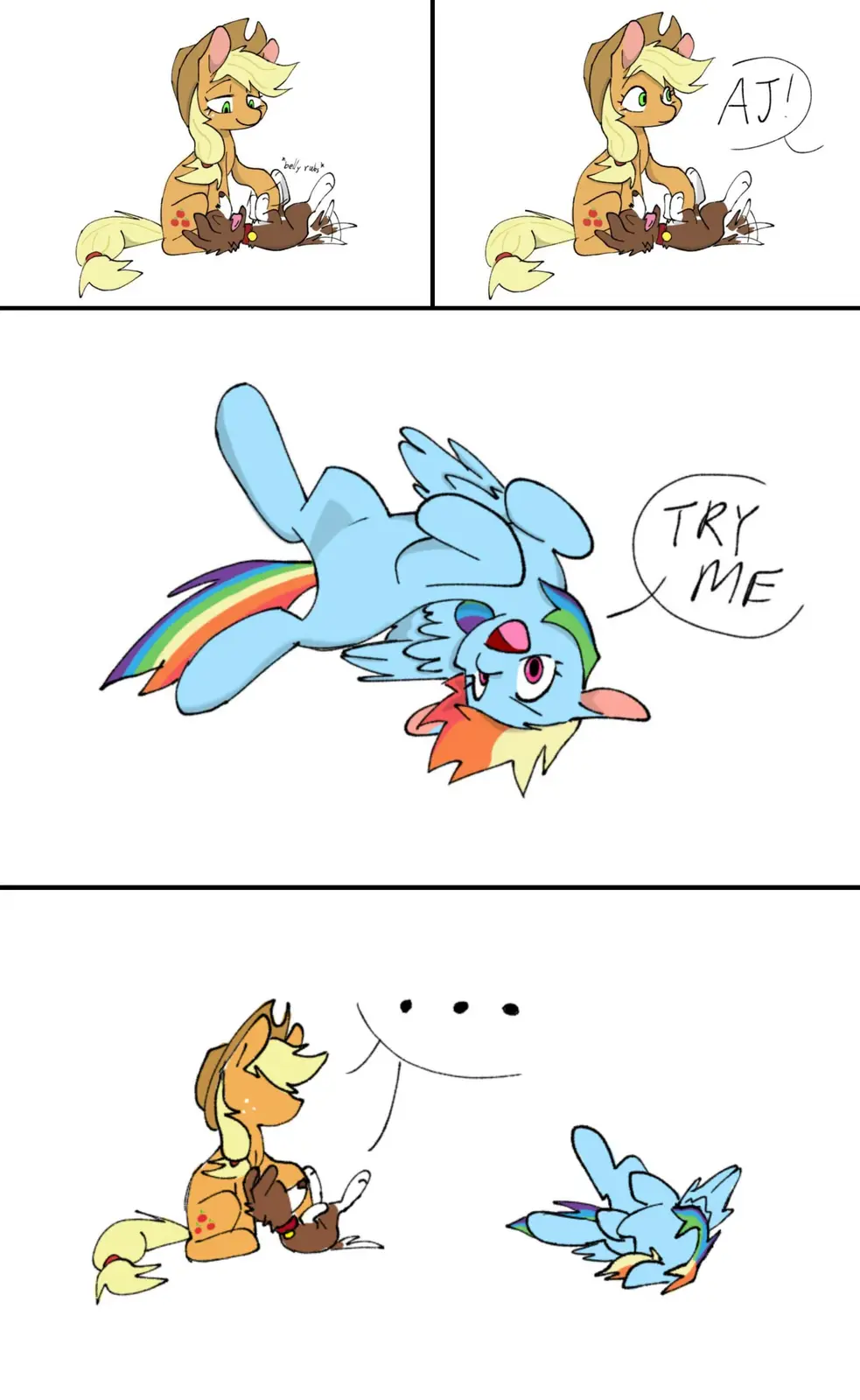 A three-panel comic shows Applejack petting a cat, then calling out 'AJ!' as a blue bird with a rainbow tail challenges her…