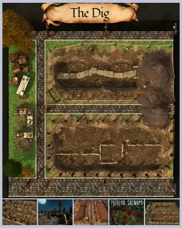An overhead view of two archaeological dig sites with exposed stone foundations and excavation tools, surrounded by…