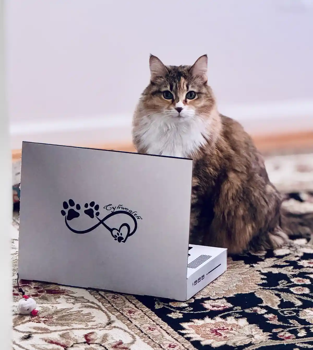 A fluffy brown and white cat sits behind a white laptop box decorated with a black sticker of paw prints forming an infinity…