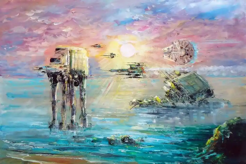A painterly, impressionistic ocean scene with a sunset sky, featuring Star Wars elements like an AT-AT walker standing in…