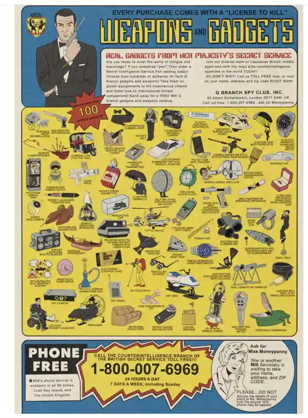 A vintage-style advertisement for 'Q Branch Spy Club, Inc.' features a cartoon James Bond holding a gun, promoting 'weapons…