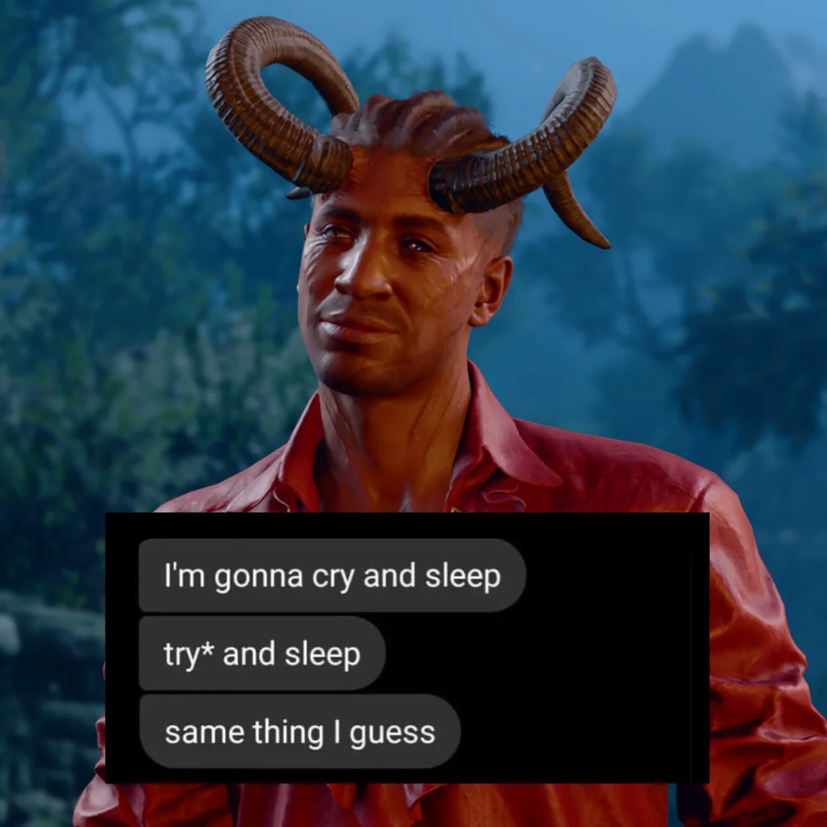 A man with large curved horns superimposed on his head, wearing a red shirt, looks weary as a text message conversation…