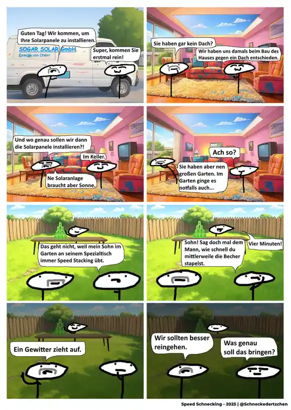 A six-panel comic depicts a solar panel installation crew visiting a house with no roof, leading them to suggest installing…