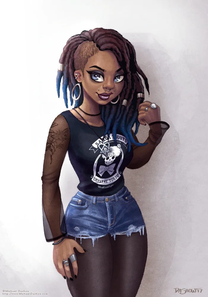 A stylized digital illustration of a young woman with dark skin, blue and brown dreadlocks, and multiple piercings, wearing…
