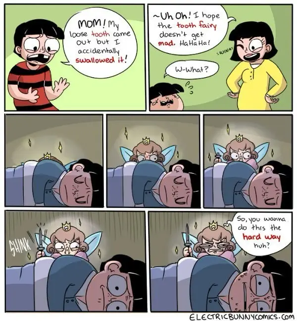 A comic strip shows a boy telling his mom he swallowed his loose tooth, making her laugh nervously. The tooth fairy, shown…