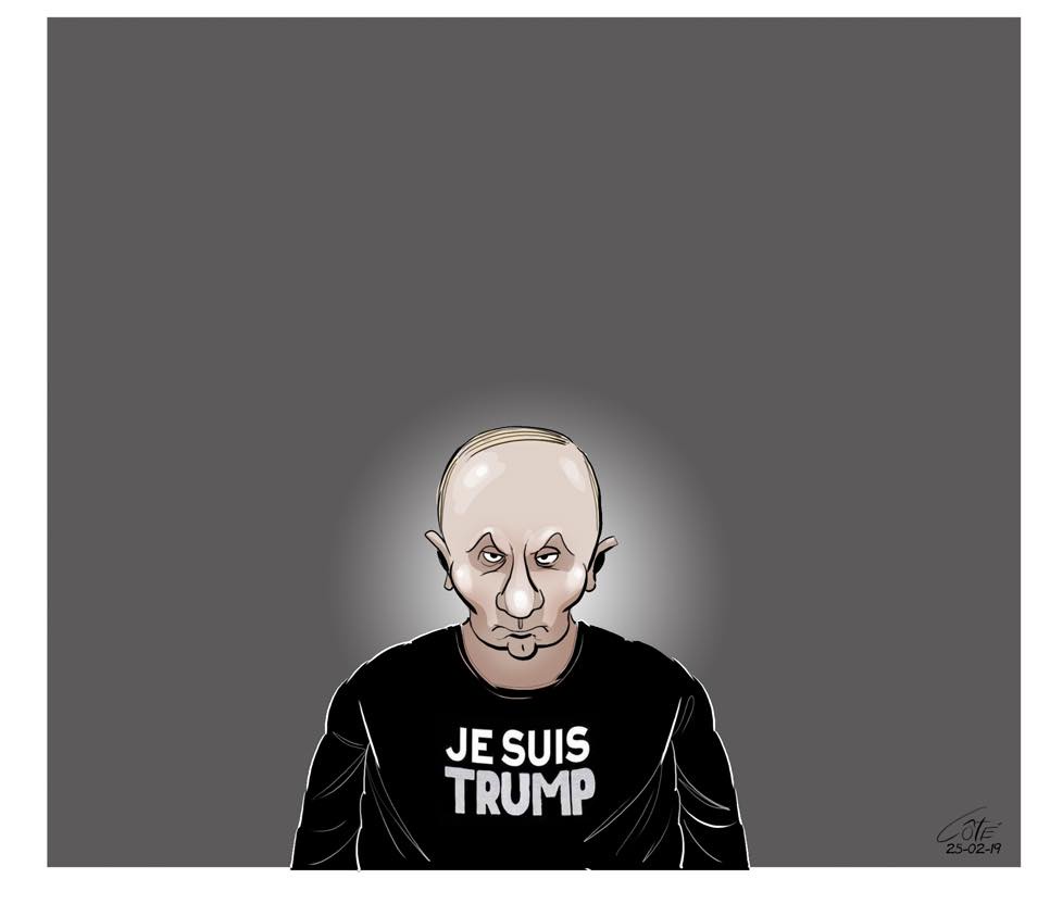 A cartoon illustration of a bald man with a stern expression and a halo behind his head, wearing a black t-shirt with the…