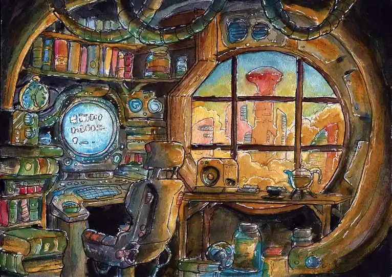 A watercolor illustration of a cluttered, retro-futuristic spaceship or submarine cockpit filled with books, pipes, dials…