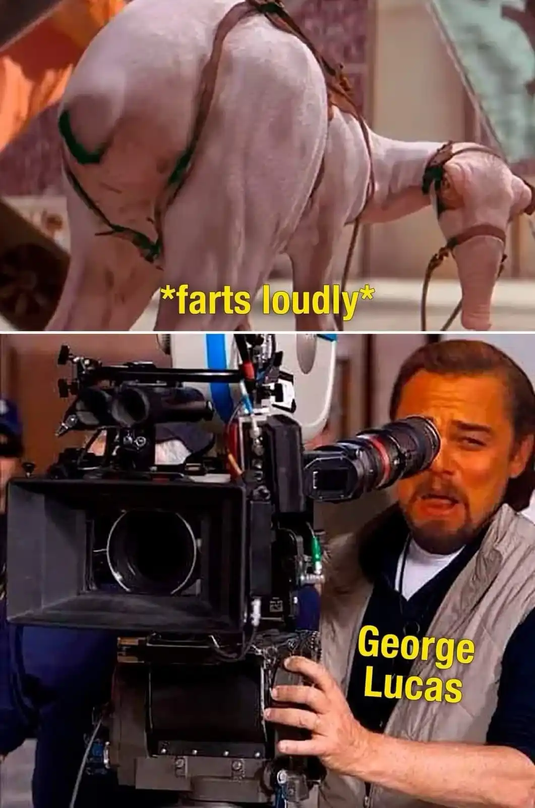 The top panel shows a CGI-rendered white elephant from Star Wars, with text overlaid that reads '*farts loudly*'. The bottom…