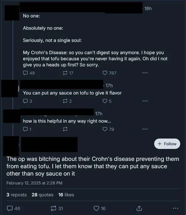 A screenshot of a Reddit thread where a user complains about Crohn's disease preventing them from eating tofu. Another user…