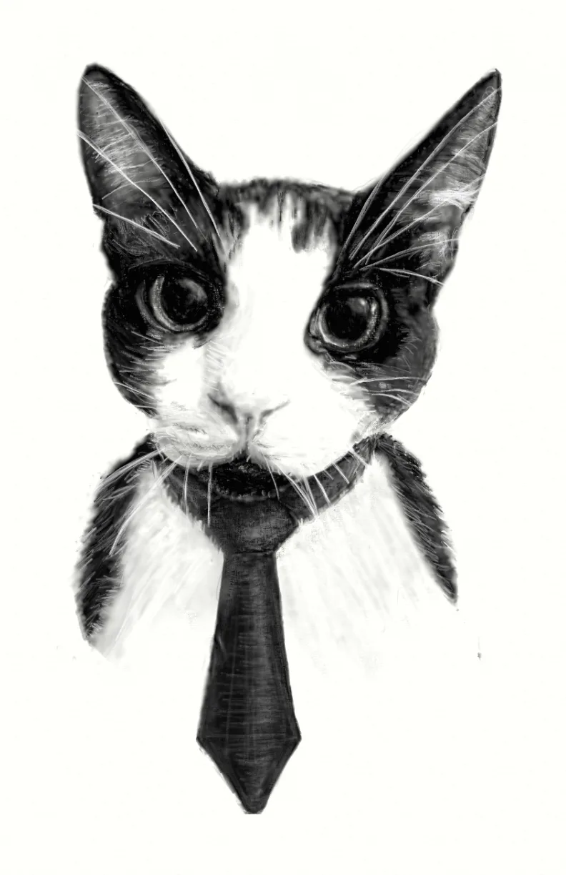 A black and white sketch of a cat's face with large, expressive eyes and a stern expression, wearing a dark necktie. The cat…