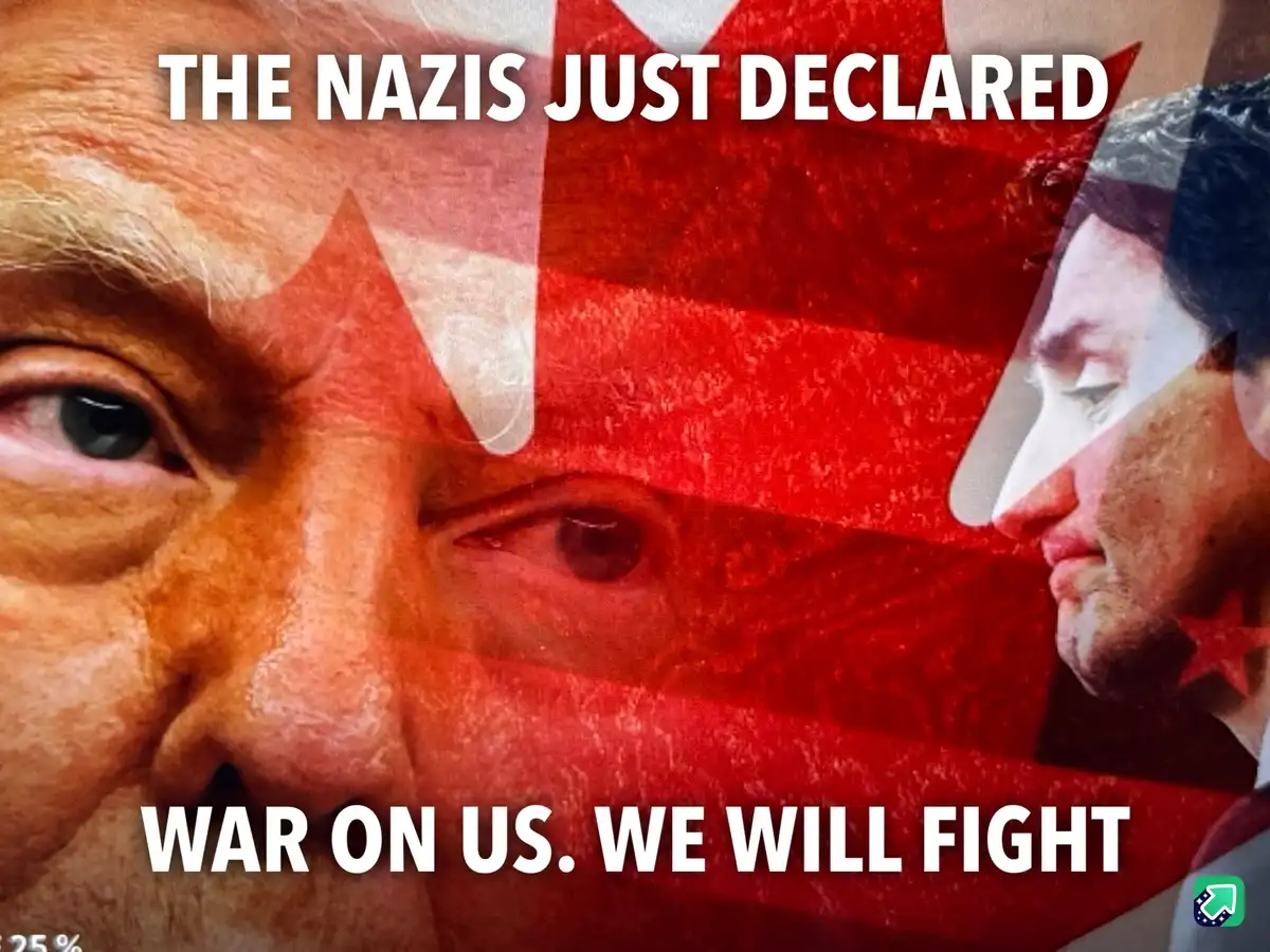 The image shows a composite of Donald Trump's face on the left and Justin Trudeau's face on the right, overlaid with a red…