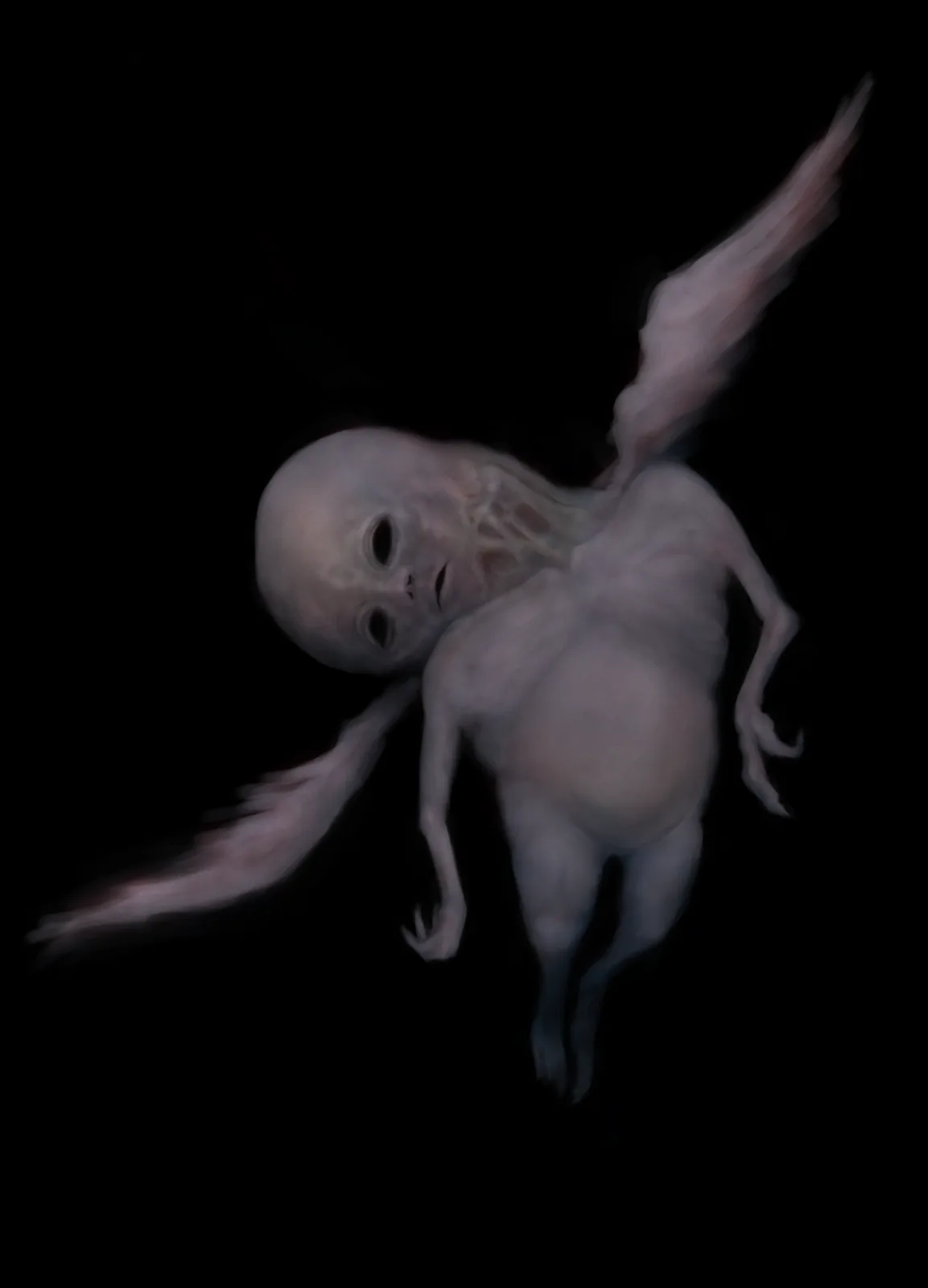 A pale, emaciated, winged humanoid figure with large, hollow eyes and a skeletal appearance floats against a black…