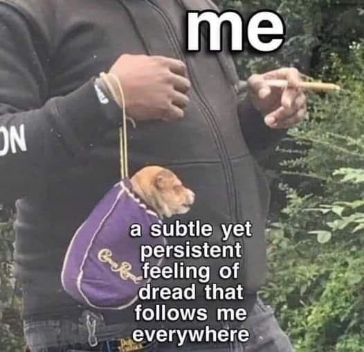 A person in a black jacket holds a lit cigarette in one hand and a small dog in a purple purse slung over their shoulder…