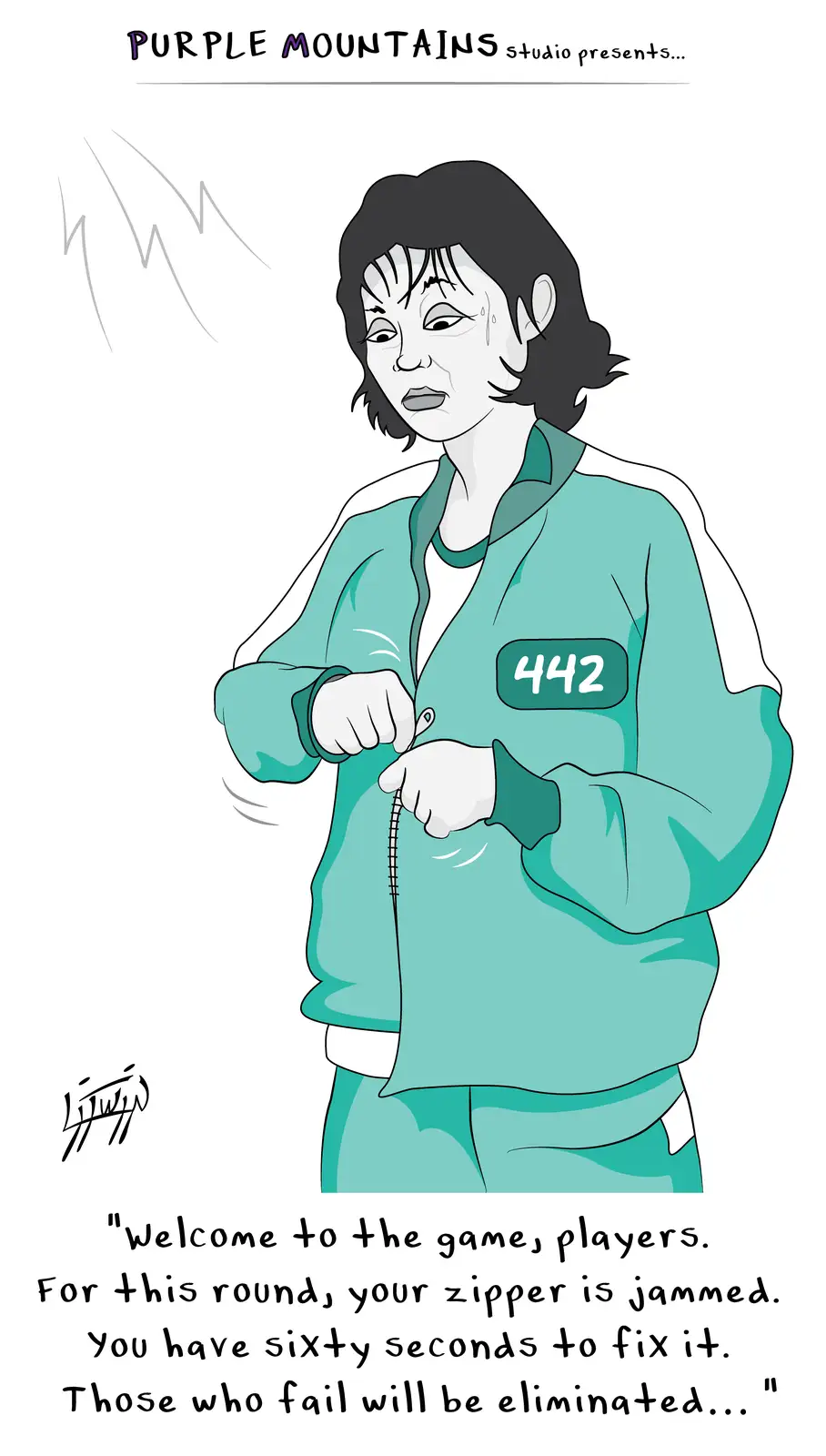 A cartoon drawing of a distressed woman in a teal tracksuit with the number 442 on her chest, struggling to zip up her…