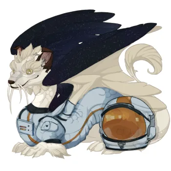 A cartoonish white-furred, winged creature resembling a dragon or wyvern wearing a light blue astronaut suit with a helmet…