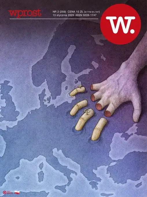 The image is a magazine cover for 'Wprost' issue 2 (259) dated January 13, 2025, featuring a large hand reaching over a map…