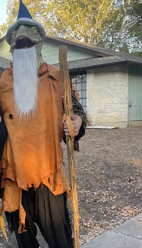 A person in a costume resembling a wizard with a reptilian lizard head, wearing a pointed hat, a long white beard, a…