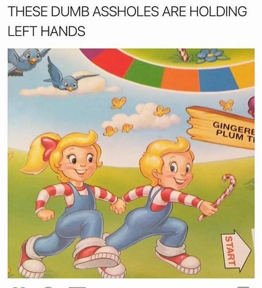 A vintage-style illustration shows two smiling children in overalls running hand-in-hand on a grassy field under a blue sky…
