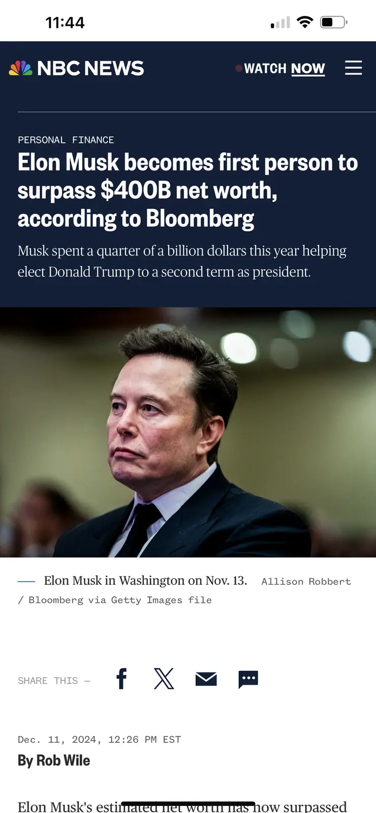 A screenshot of an NBC News article about Elon Musk's $400B net worth, overlaid with a satirical subtext claiming he spent…