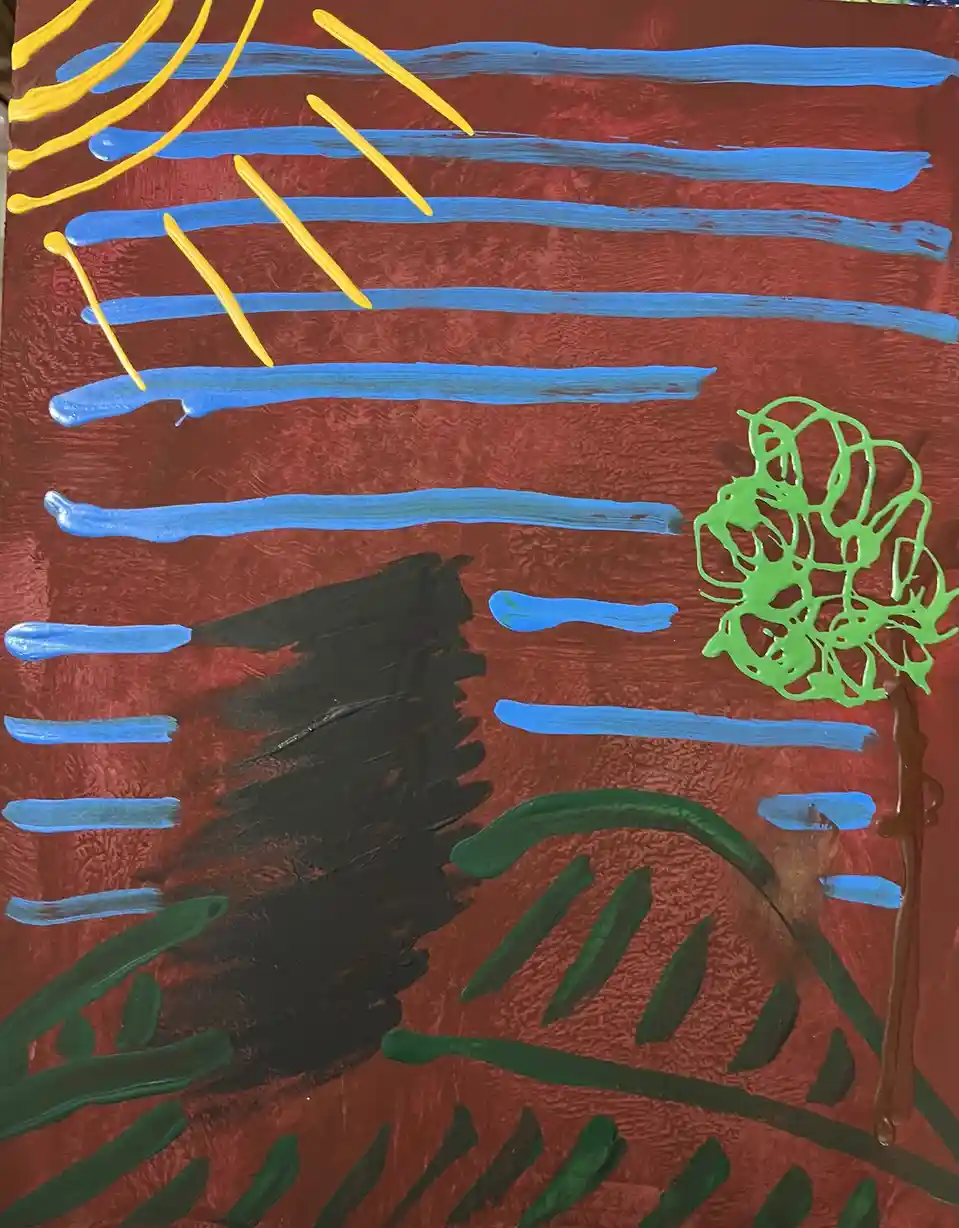 A child's painting on red paper depicts a stylized landscape with blue horizontal lines representing water, a yellow sun…