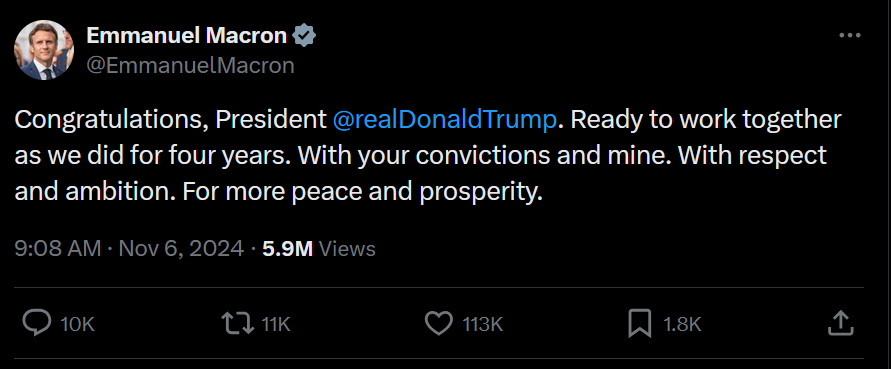 A screenshot of a tweet from Emmanuel Macron's verified Twitter account, dated Nov 6, 2024, showing a congratulatory message…