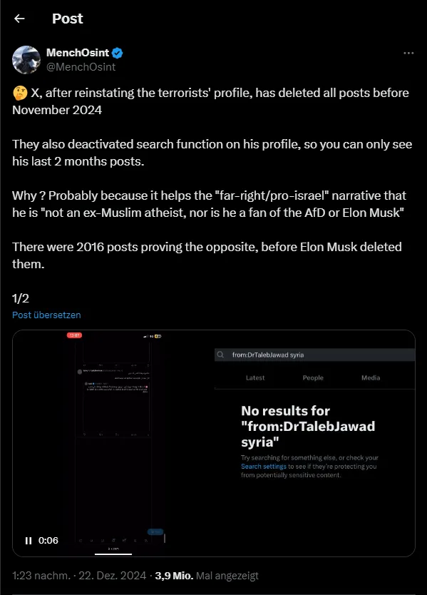 A screenshot of a social media post by MenchOsint detailing how X (formerly Twitter) deleted all posts from Dr. Taleb Jawad…