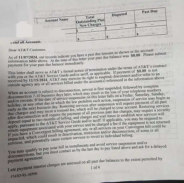 An AT&T customer service letter with a table showing account details, including a 'Past Due' column. The table's values are…