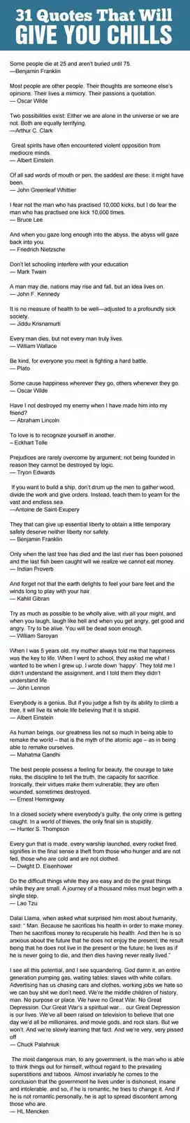 A list titled '31 Quotes That Will Give You Chills' displays various famous quotes attributed to thinkers like Benjamin…