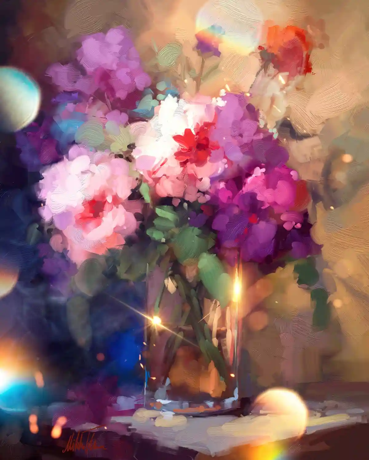 A vibrant, painterly digital artwork depicts a lush bouquet of pink, purple, and red flowers in a glass vase, rendered with…